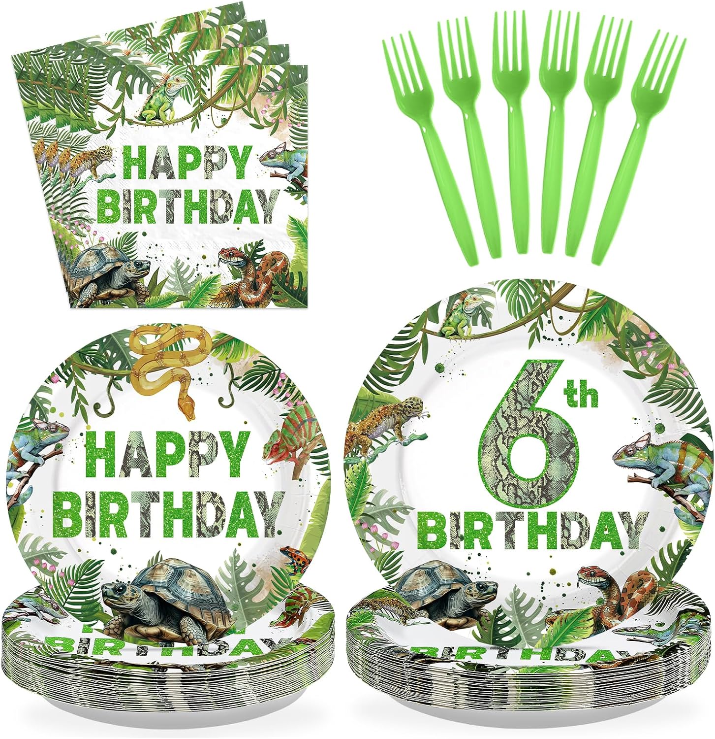 96 Pcs Reptile 6th Birthday Party Plates and Napkins - Grencian