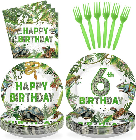 96 Pcs Reptile 6th Birthday Party Plates and Napkins - Grencian