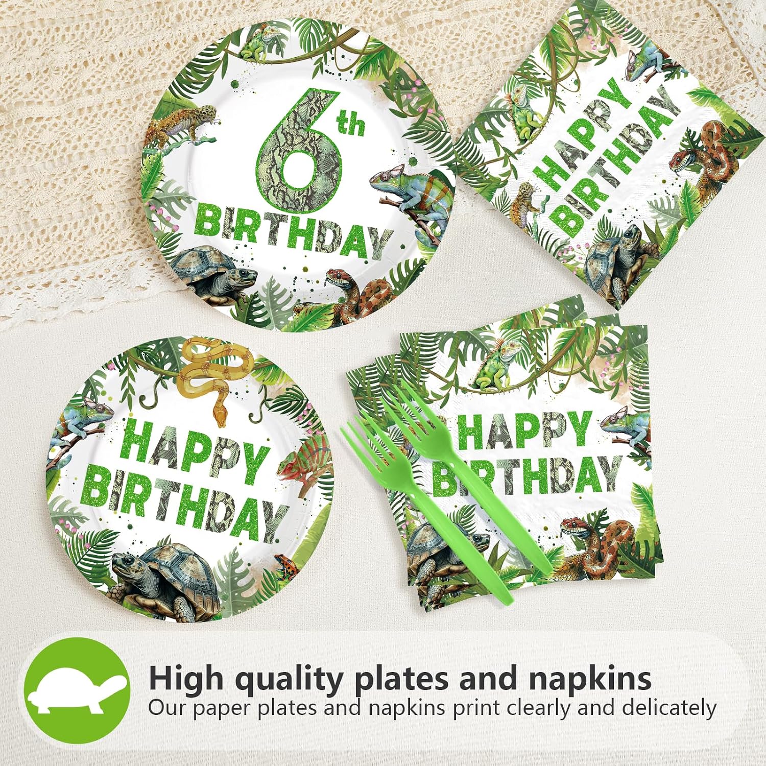 96 Pcs Reptile 6th Birthday Party Plates and Napkins - Grencian
