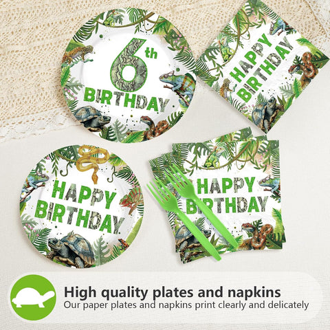 96 Pcs Reptile 6th Birthday Party Plates and Napkins - Grencian