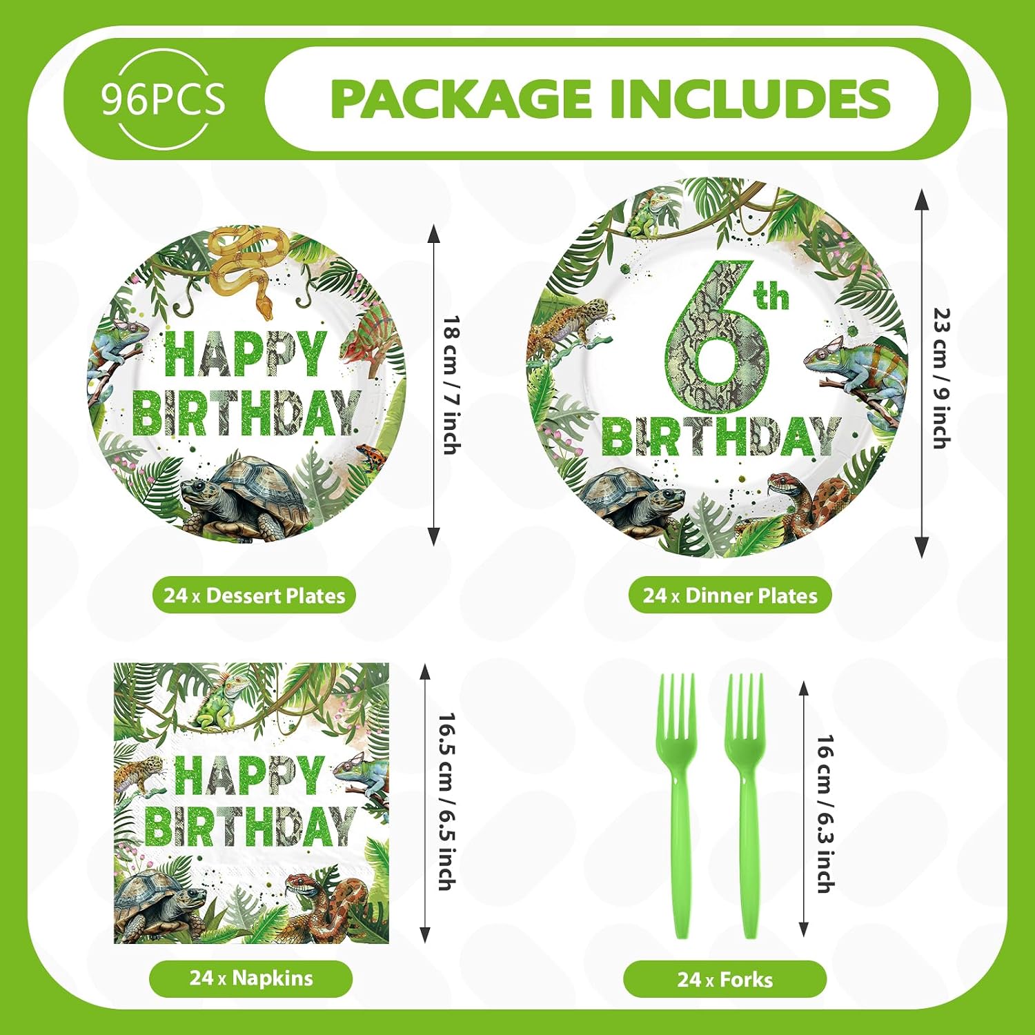 96 Pcs Reptile 6th Birthday Party Plates and Napkins - Grencian