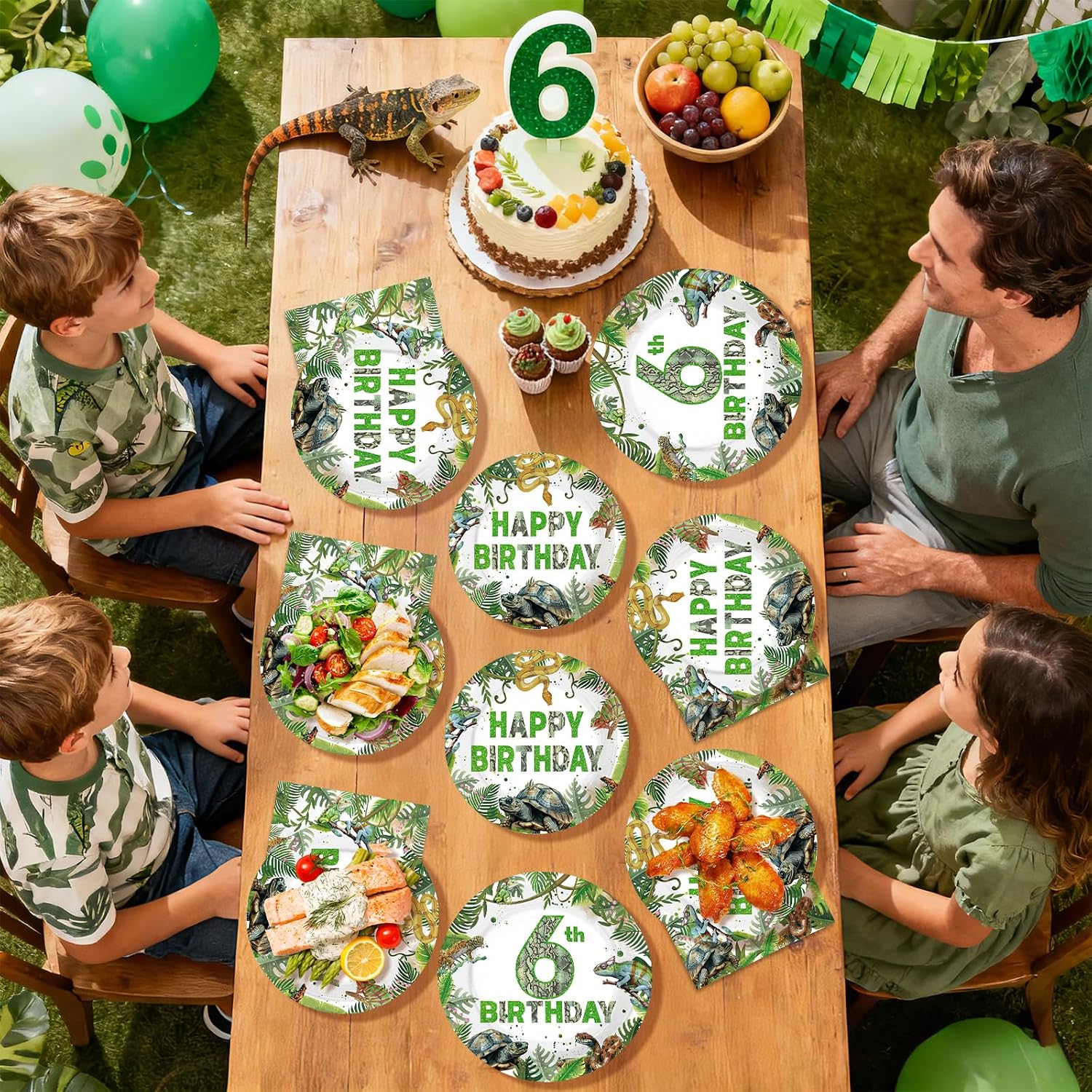 96 Pcs Reptile 6th Birthday Party Plates and Napkins - Grencian