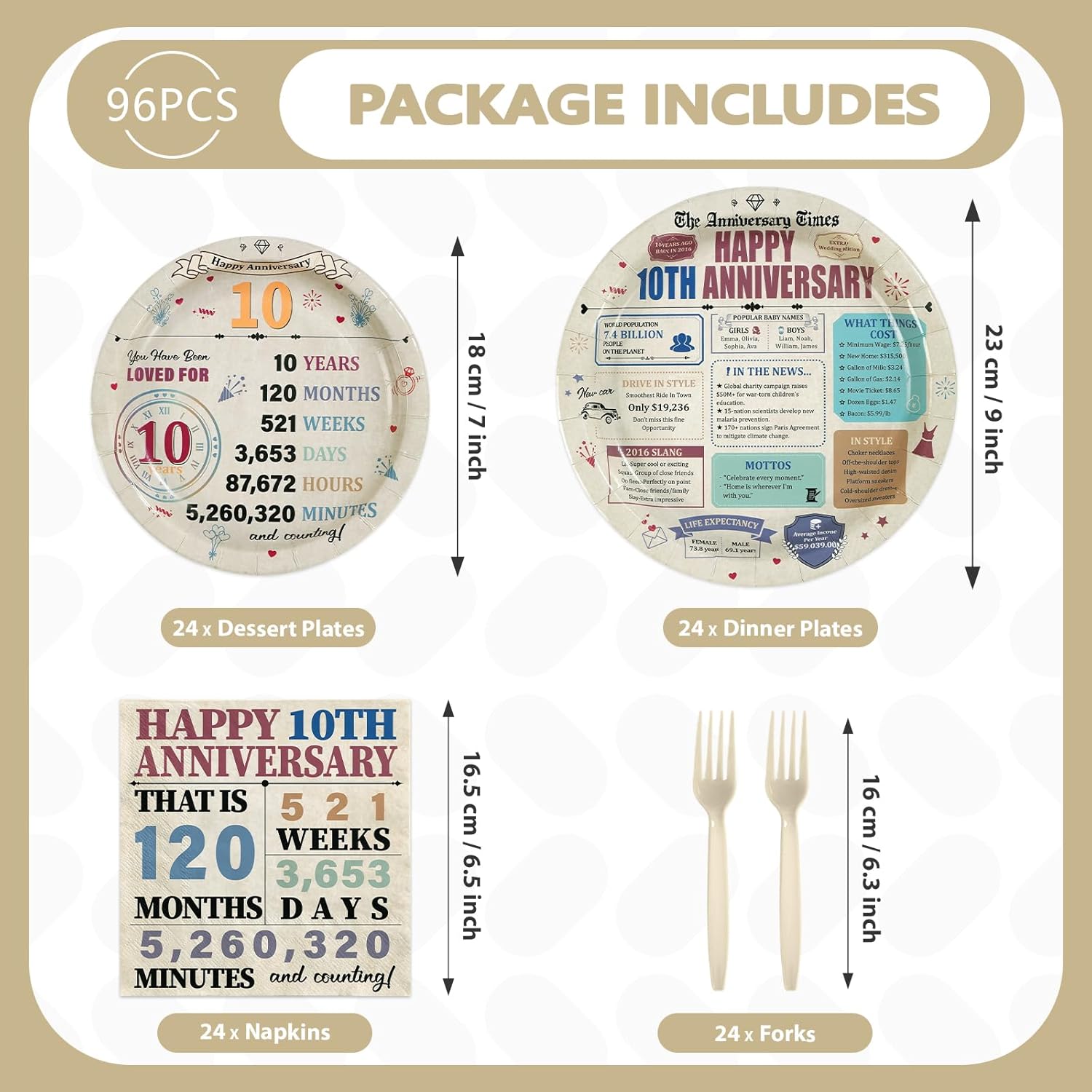 96 Pcs Retro 10th Anniversary Party Plates and Napkins - Grencian