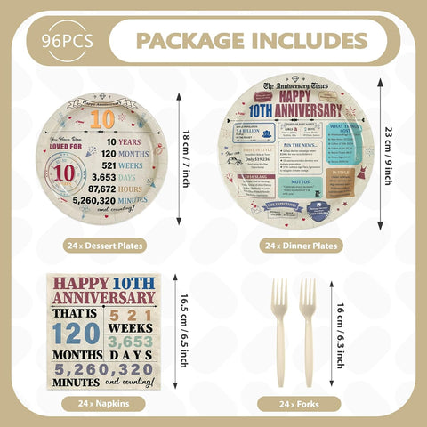 96 Pcs Retro 10th Anniversary Party Plates and Napkins - Grencian