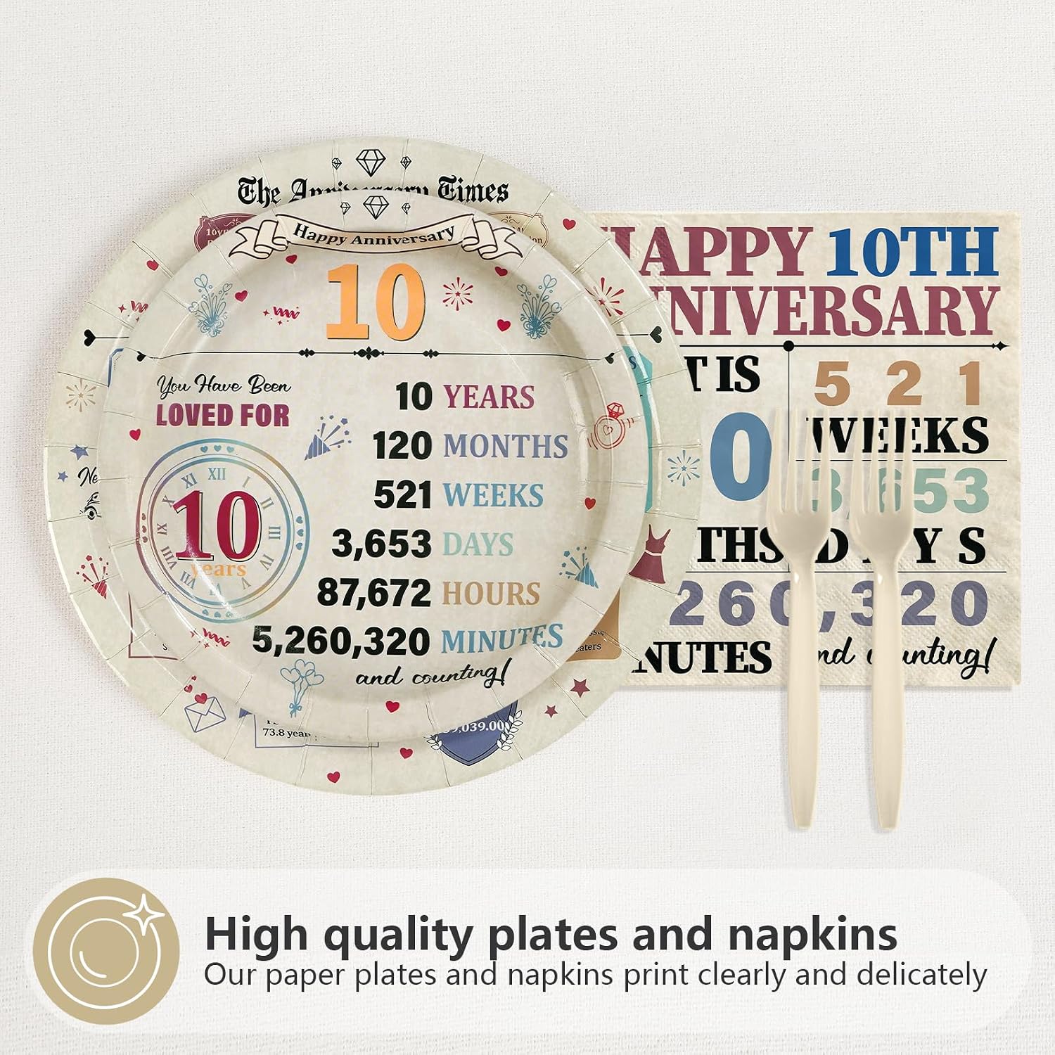 96 Pcs Retro 10th Anniversary Party Plates and Napkins - Grencian