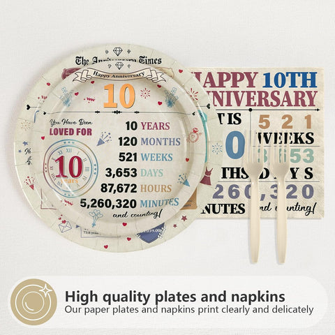 96 Pcs Retro 10th Anniversary Party Plates and Napkins - Grencian
