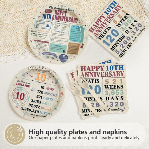 96 Pcs Retro 10th Anniversary Party Plates and Napkins - Grencian