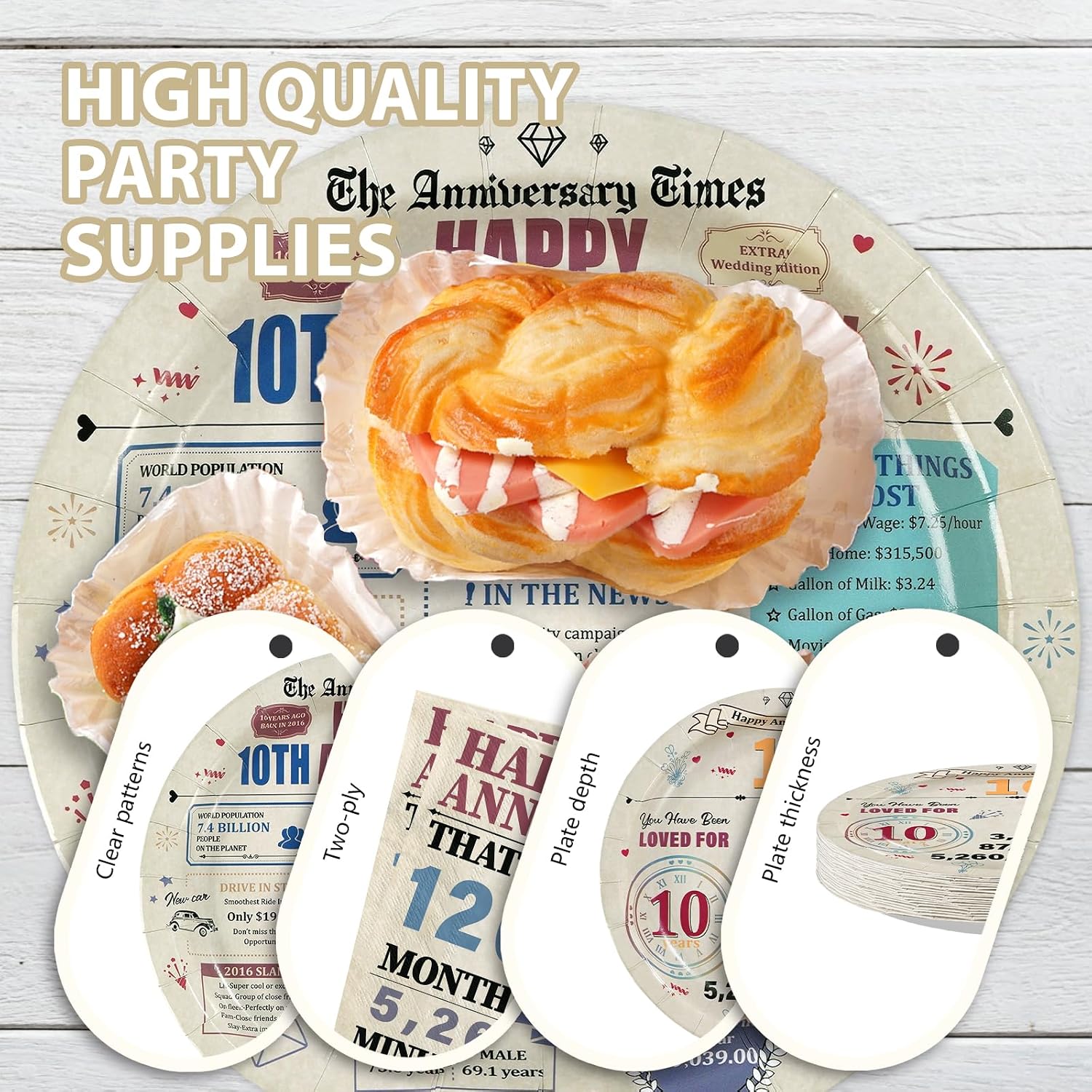 96 Pcs Retro 10th Anniversary Party Plates and Napkins - Grencian