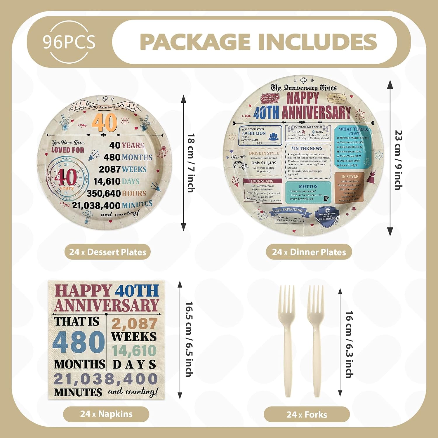 Retro 40th Anniversary Plates & Napkins Set - 96 Pcs image 2