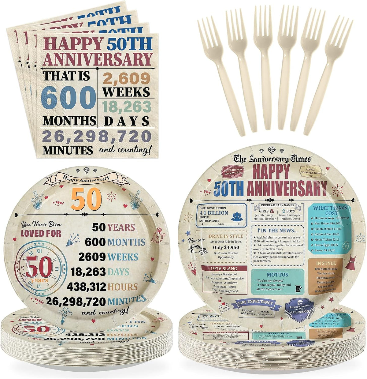 Retro 50th Anniversary Plates & Napkins Set - 96 Pcs image 1