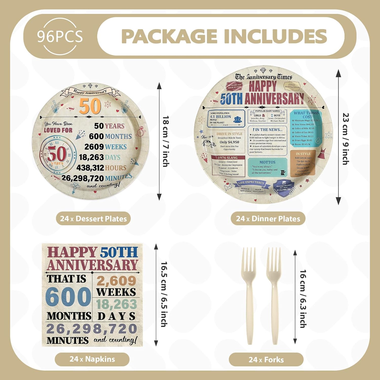 Retro 50th Anniversary Plates & Napkins Set - 96 Pcs image 2