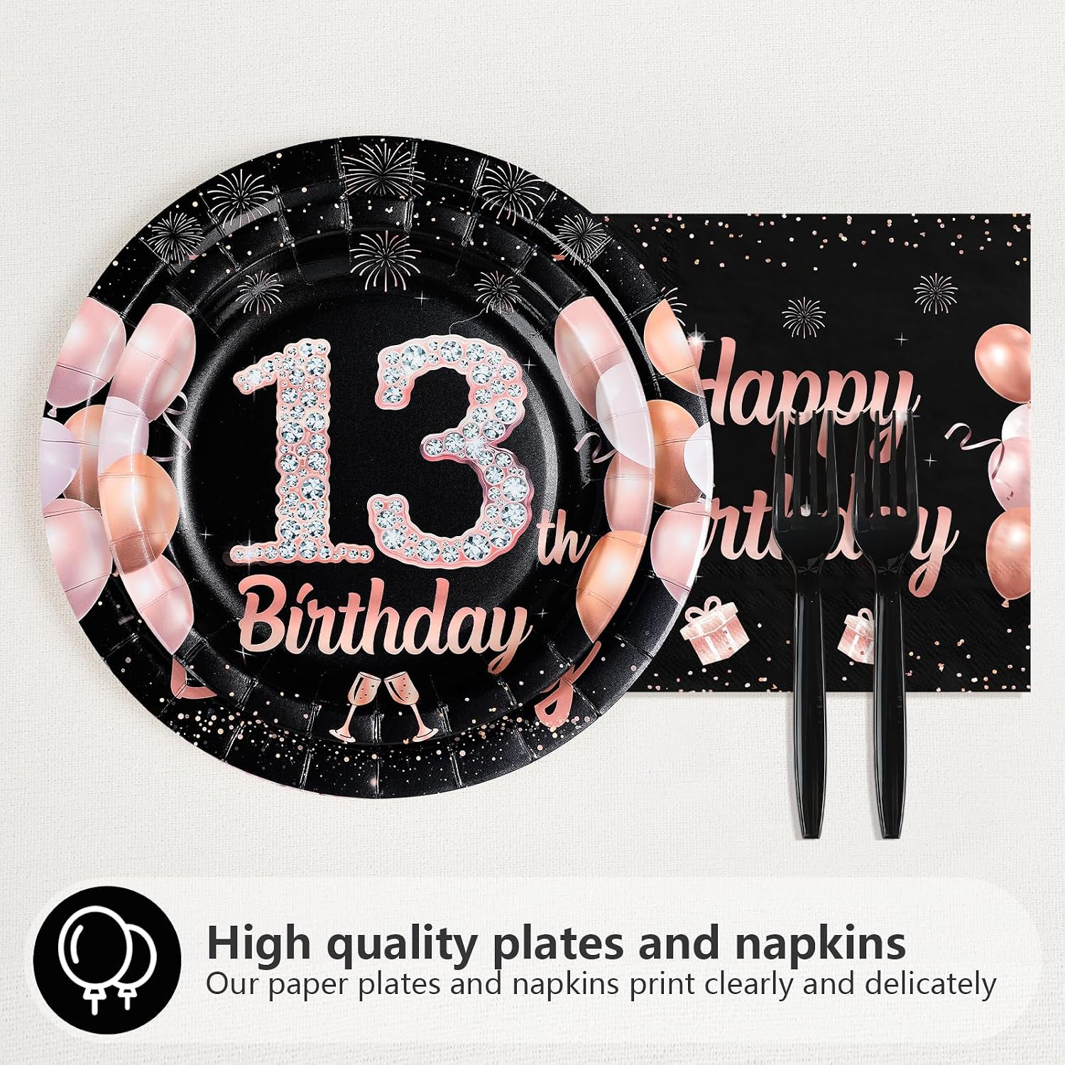 96 Pcs Black Pink 13th Birthday Party Plates and Napkins - Grencian