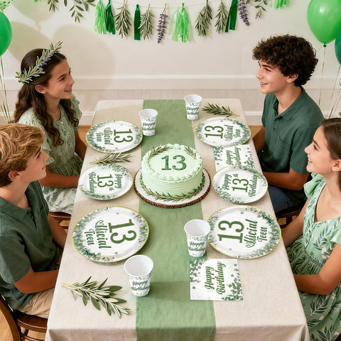 Sage Green 13th Birthday Party Lifestyle Scene with Full Tableware and Decorations