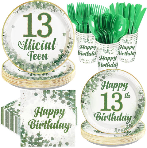 Sage Green 13th Birthday Party Plates Napkins Cups Set - 168 Pieces Serves 24