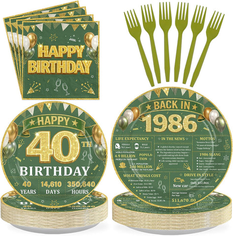 Sage Green 40th Birthday Plates & Napkins Set - 96 Pcs image 1