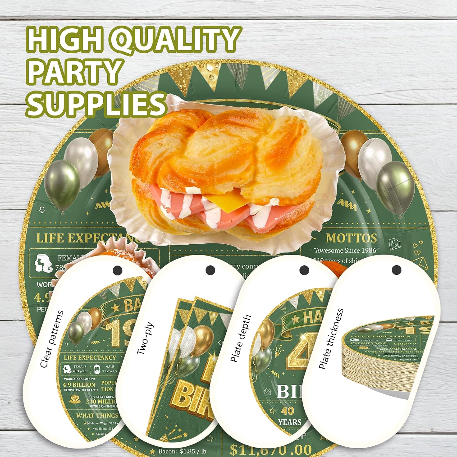 Sage Green 40th Birthday Plates & Napkins Set - 96 Pcs image 6