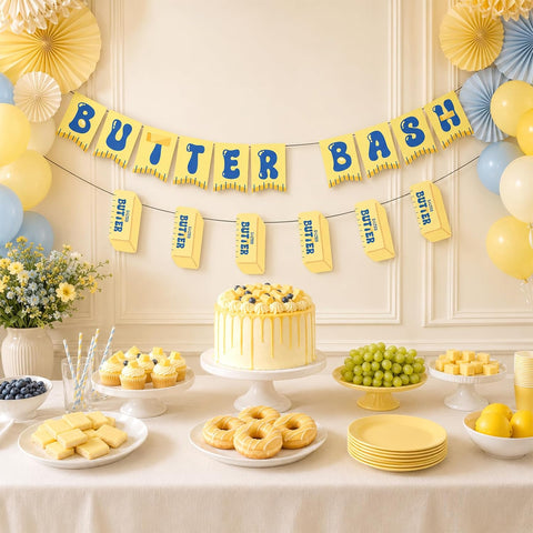 Salted Butter Bash Party Banner - Yellow Food Themed Hanging Decor - Grencian