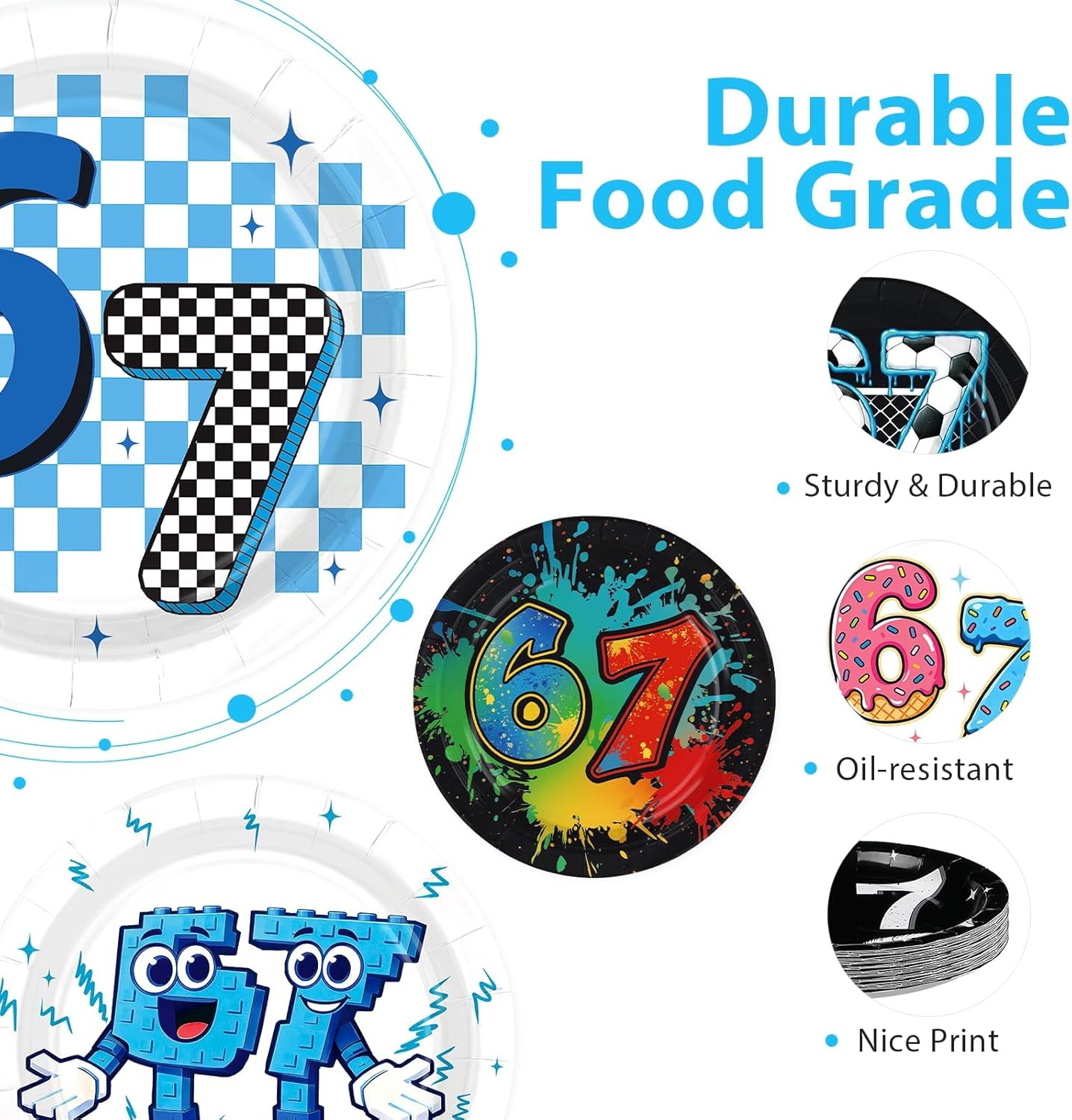 Six Seven meme plates - blue pixel art cartoon design