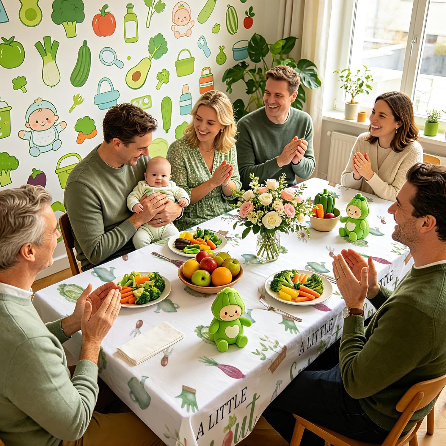 Close-up of baby shower plastic tablecloth with sprout and vegetable illustrations