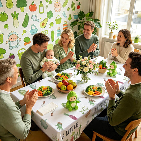 Close-up of baby shower plastic tablecloth with sprout and vegetable illustrations