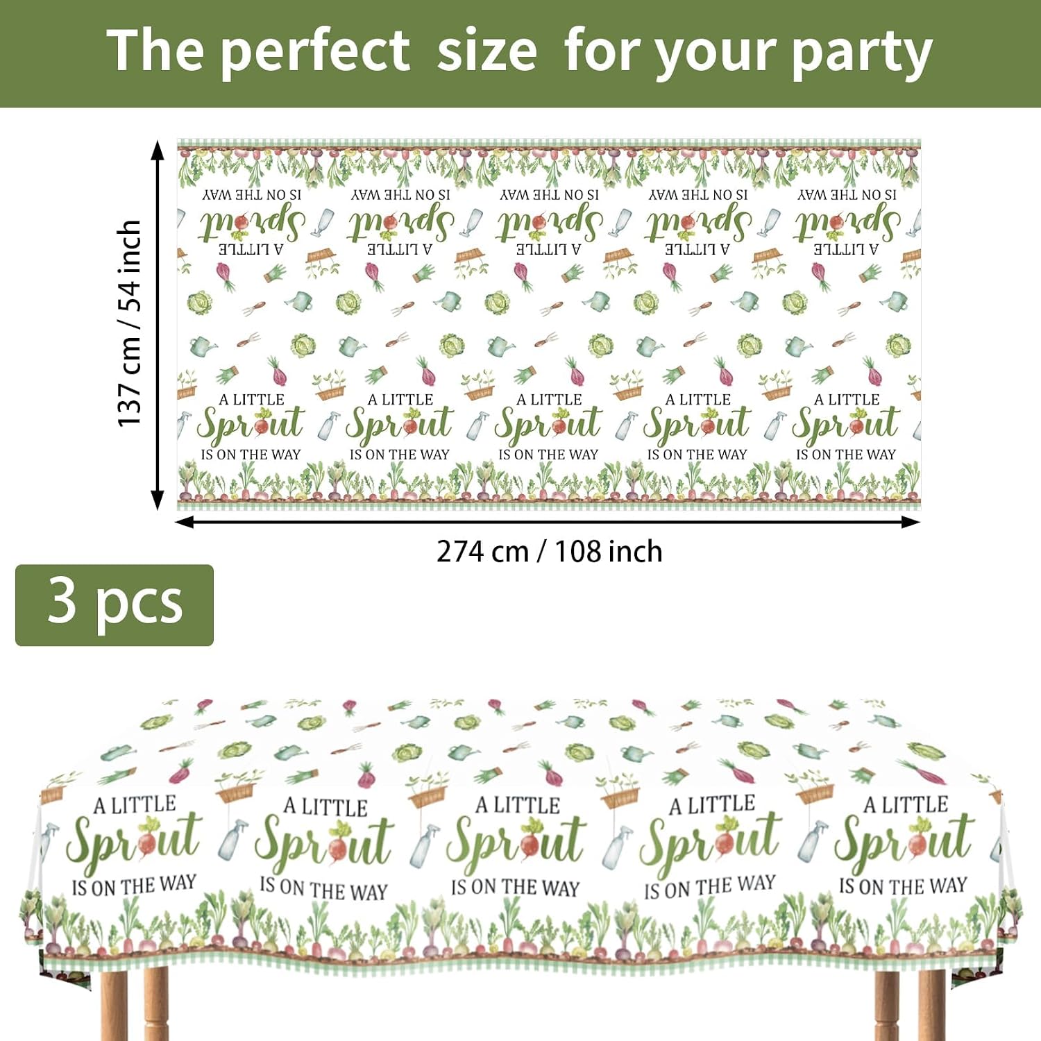 Flat lay of three Little Sprout tablecloths with greenery farm garden design