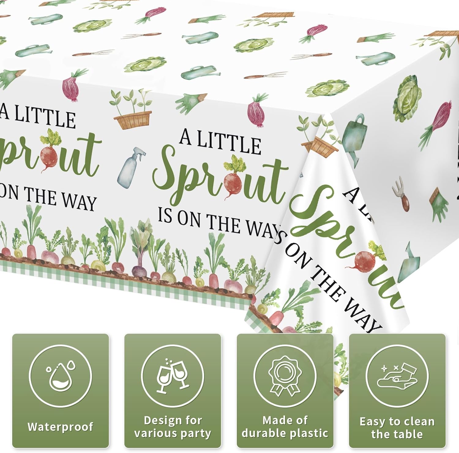 Little Sprout tablecloth draped on party table with garden themed decorations