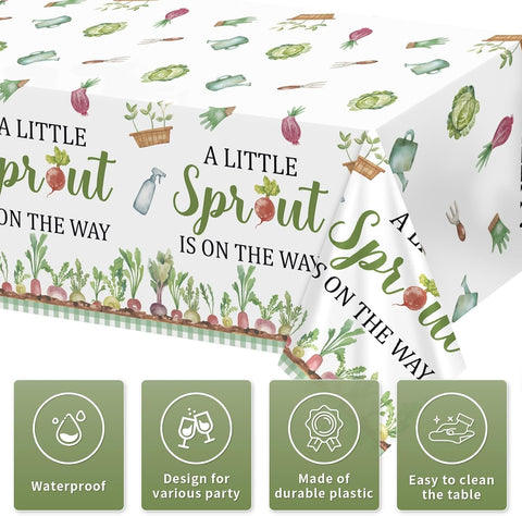 Little Sprout tablecloth draped on party table with garden themed decorations