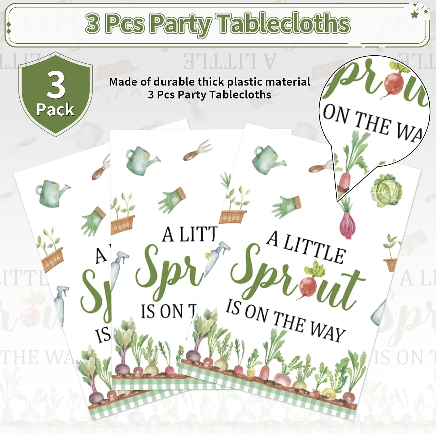 Baby shower party scene with Little Sprout farm garden themed tablecloth
