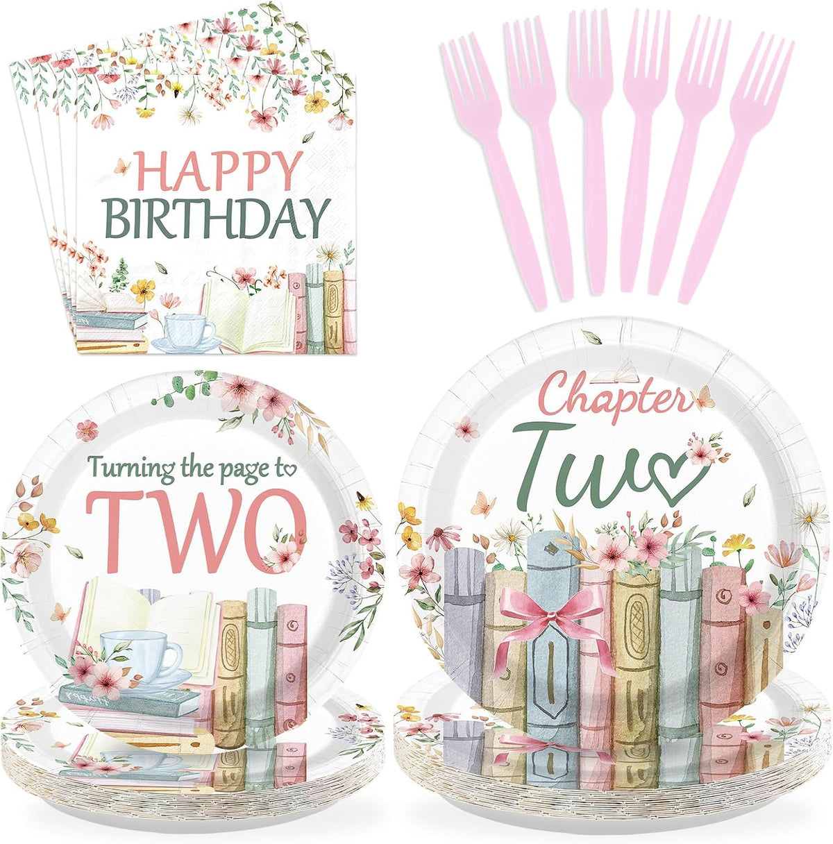 96 Pcs Storybook 2nd Birthday Party Plates and Napkins - Grencian