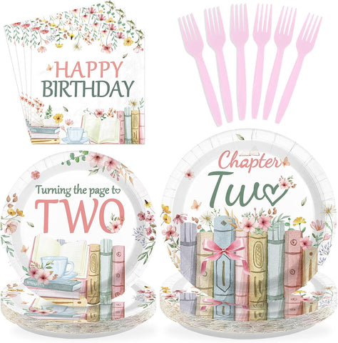 96 Pcs Storybook 2nd Birthday Party Plates and Napkins - Grencian