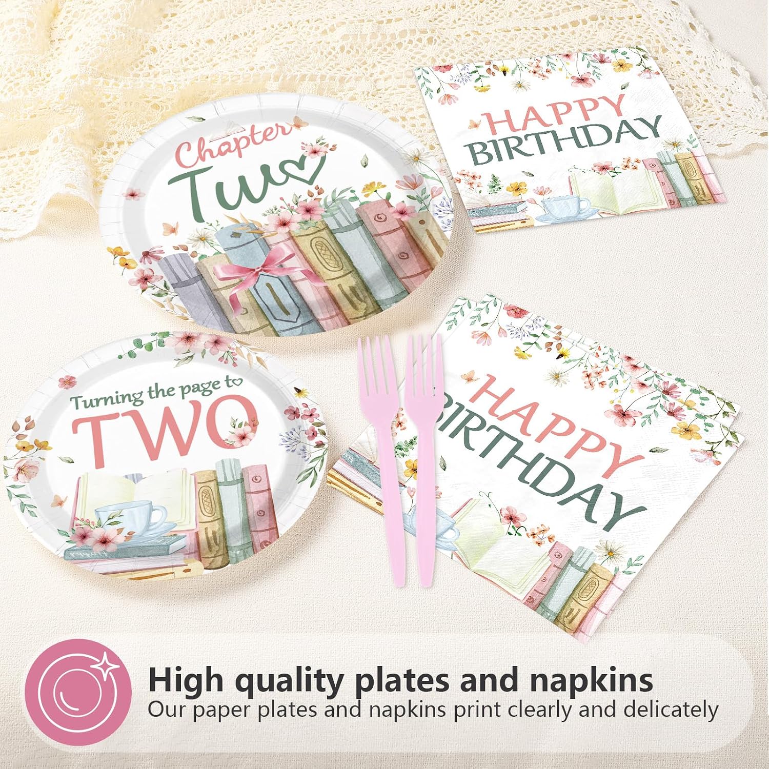 96 Pcs Storybook 2nd Birthday Party Plates and Napkins - Grencian