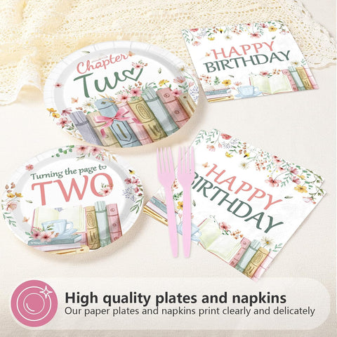 96 Pcs Storybook 2nd Birthday Party Plates and Napkins - Grencian