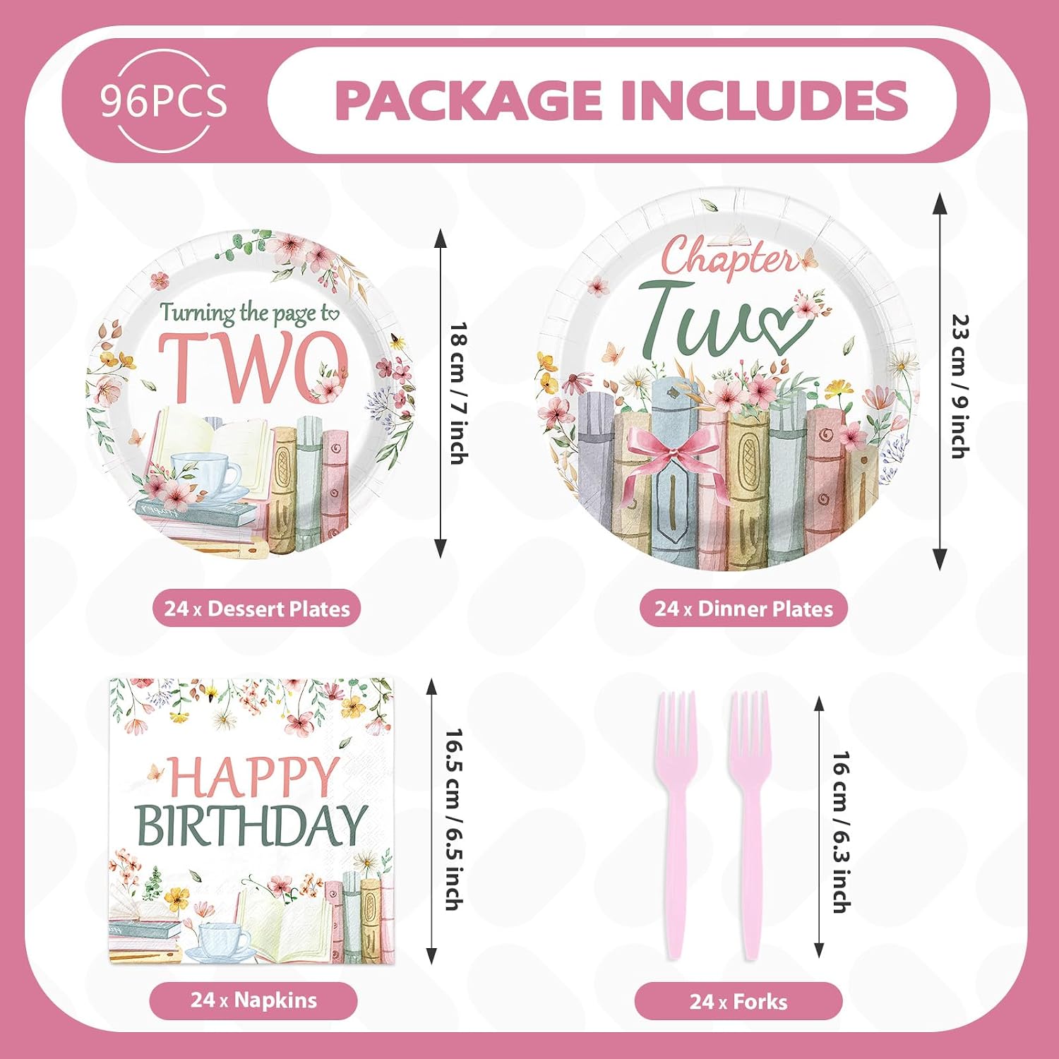96 Pcs Storybook 2nd Birthday Party Plates and Napkins - Grencian
