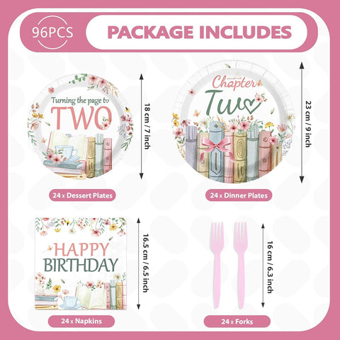96 Pcs Storybook 2nd Birthday Party Plates and Napkins - Grencian