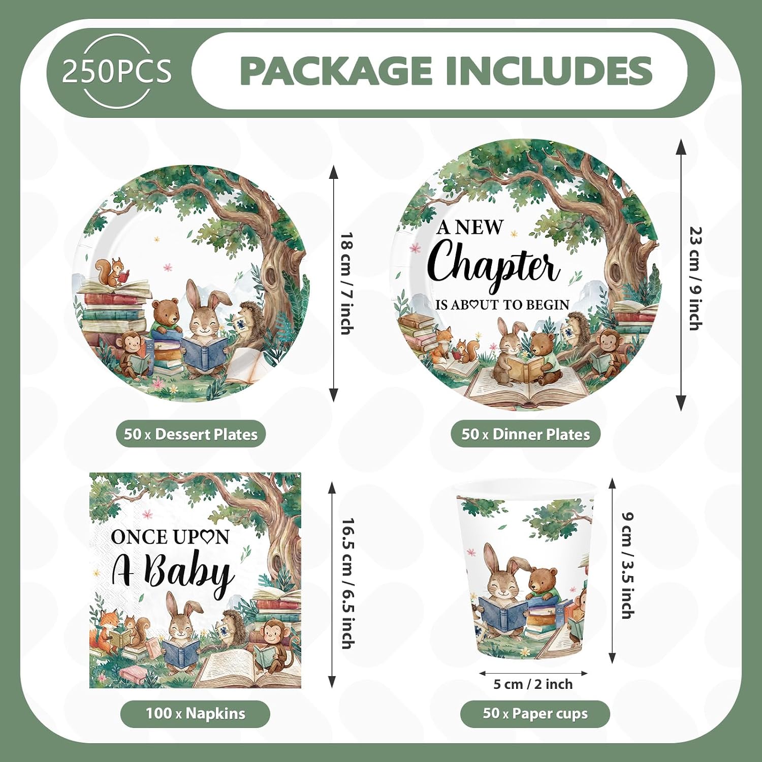 250Pcs Storybook Baby Shower Plates Napkins and Cups - Grencian