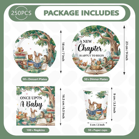 250Pcs Storybook Baby Shower Plates Napkins and Cups - Grencian