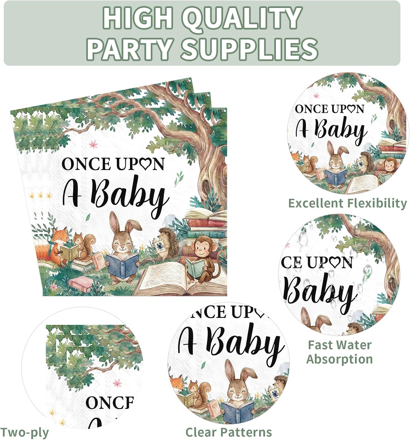 250Pcs Storybook Baby Shower Plates Napkins and Cups - Grencian