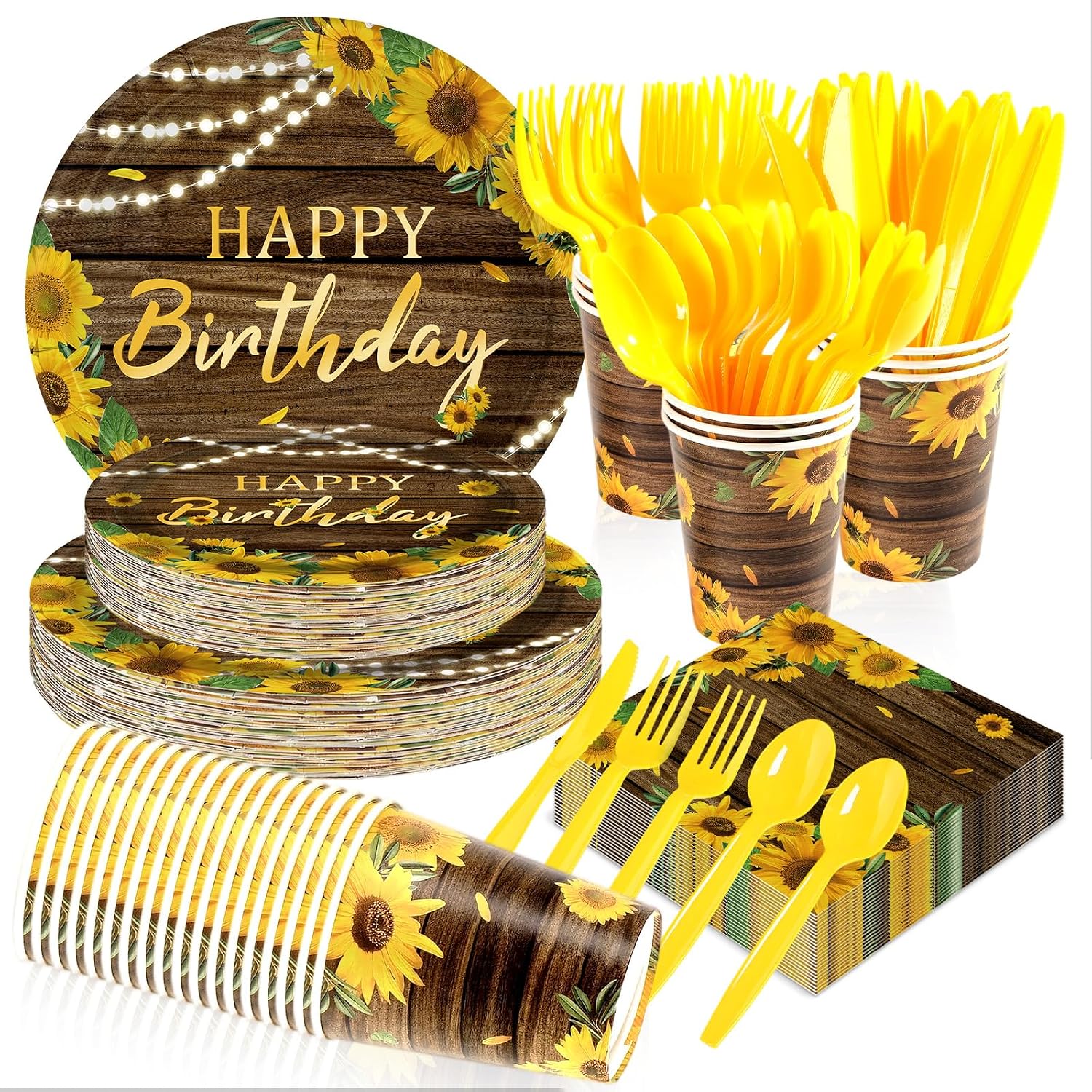 Sunflower Birthday Party Plates and Napkins Set - 168 Pcs Serves 24 - Grencian
