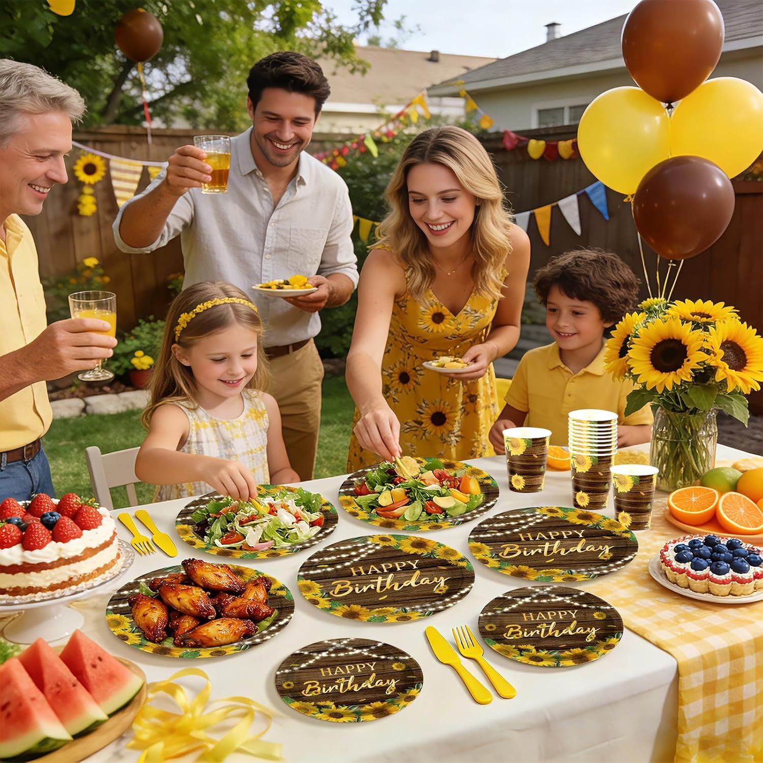 Sunflower Birthday Party Plates and Napkins Set - 168 Pcs Serves 24 - Grencian