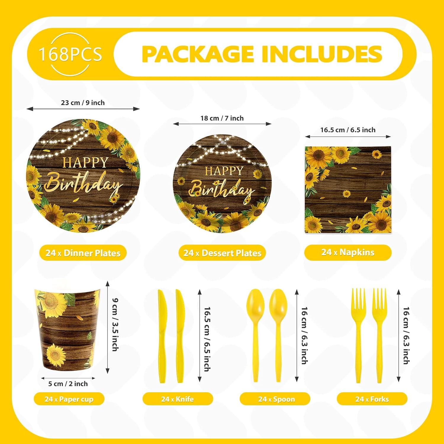 Sunflower Birthday Party Plates and Napkins Set - 168 Pcs Serves 24 - Grencian