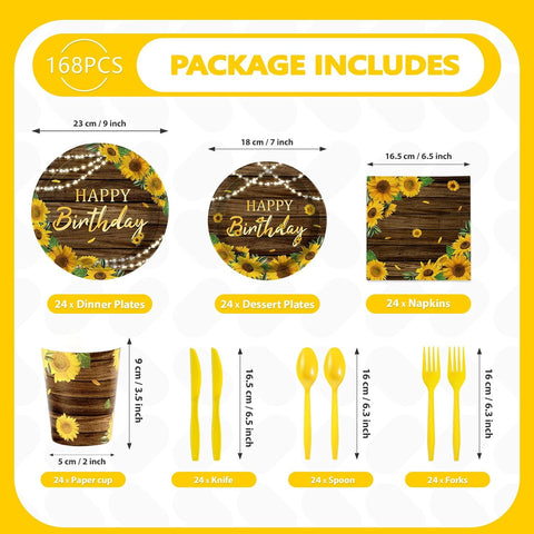 Sunflower Birthday Party Plates and Napkins Set - 168 Pcs Serves 24 - Grencian
