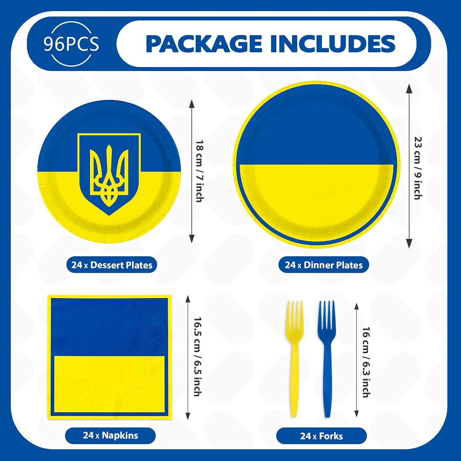 Complete Ukraine flag party tableware set for 24 guests