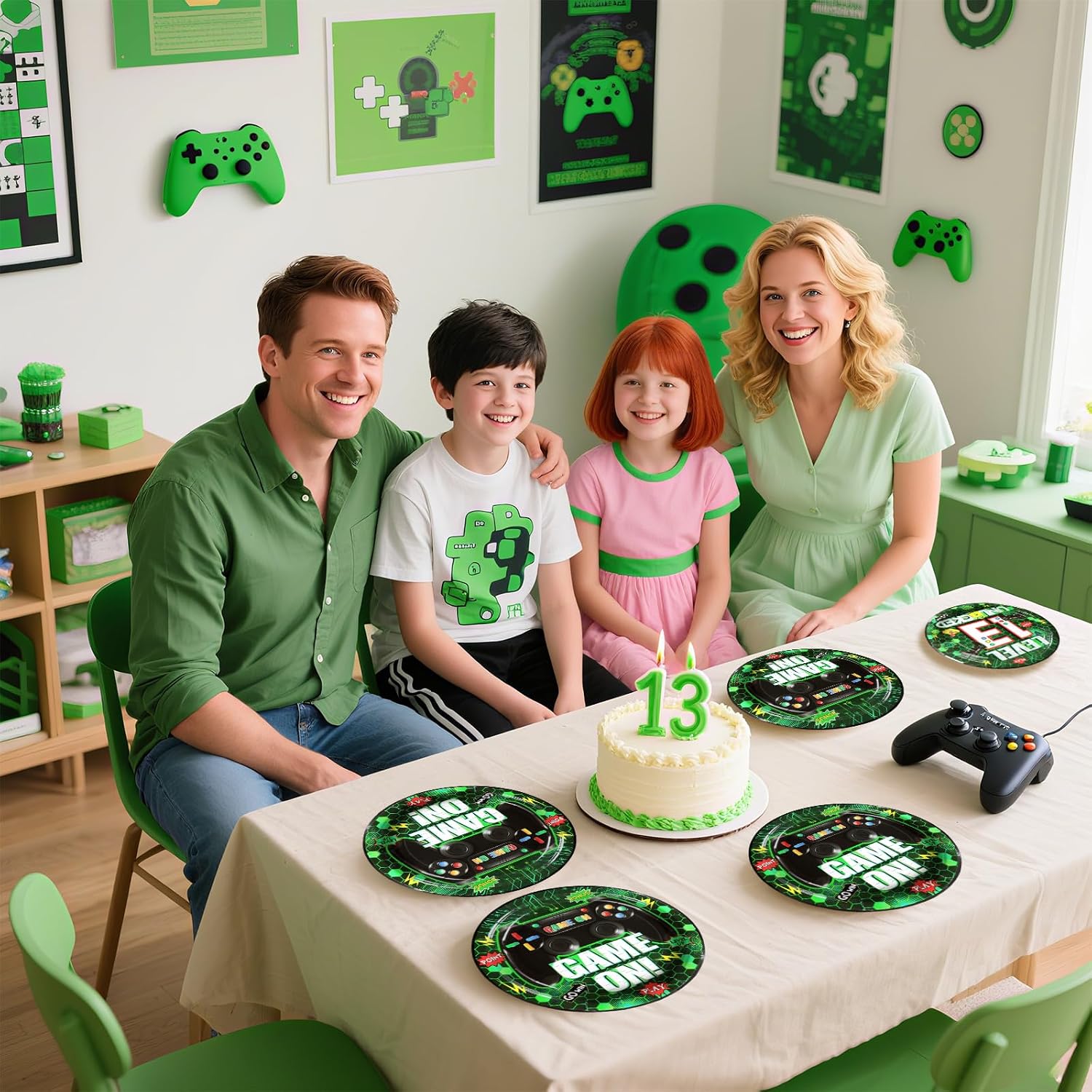 Video Game 13th Birthday Party Food Served on Green Gaming Paper Plates