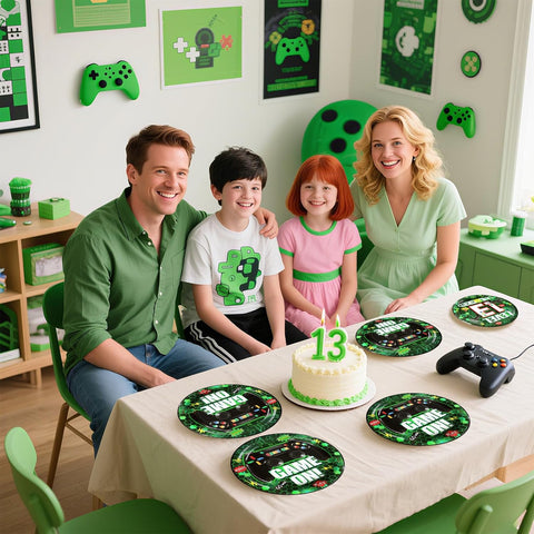 Video Game 13th Birthday Party Food Served on Green Gaming Paper Plates