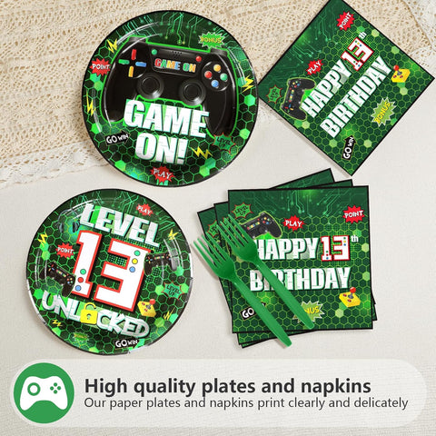 Video Game 13th Birthday Party Table Setup with Green Gaming Plates and Napkins