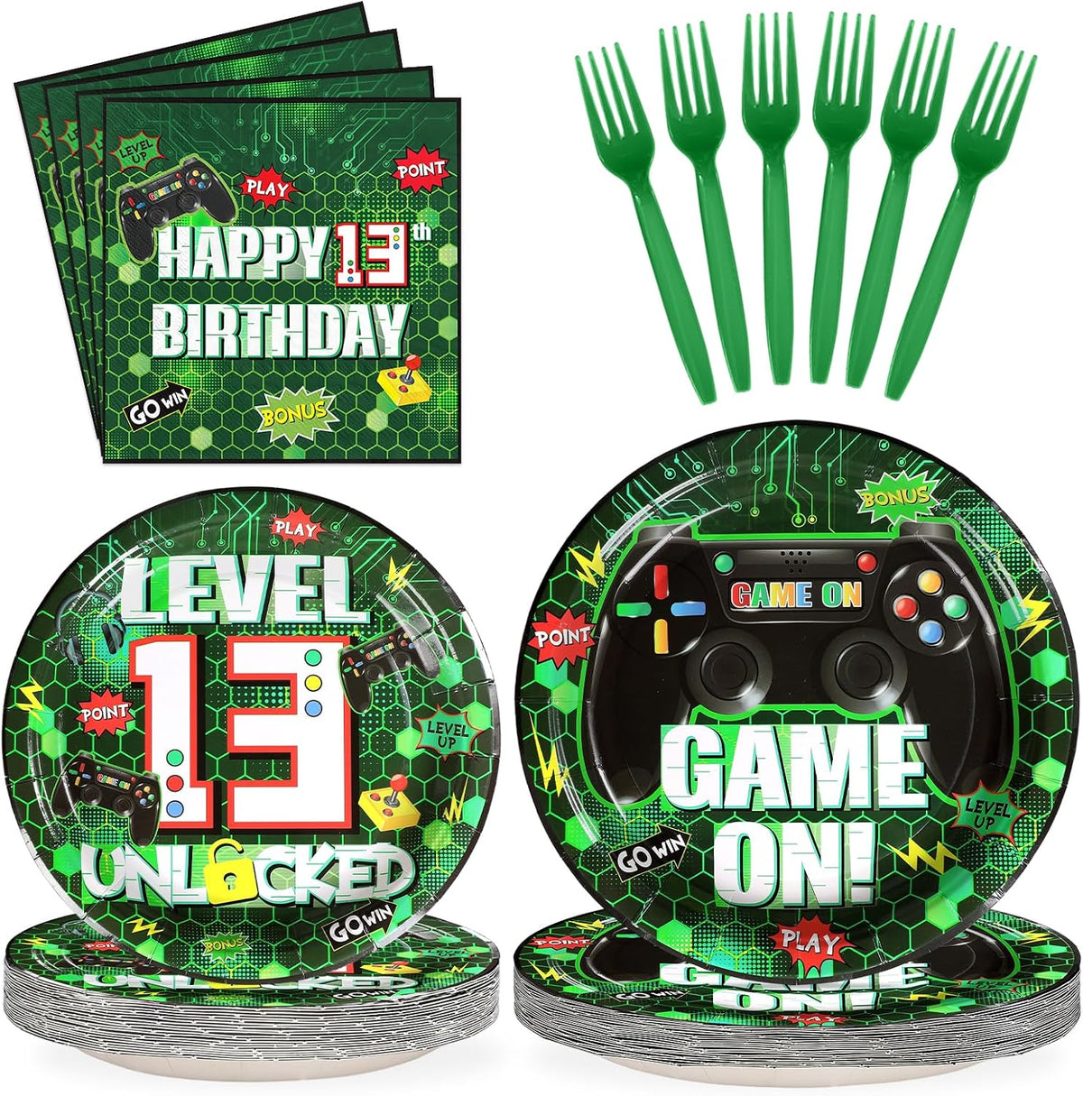 Video Game 13th Birthday Party Plates and Napkins Set - 96 Pieces Green Gaming Theme