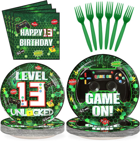 Video Game 13th Birthday Party Plates and Napkins Set - 96 Pieces Green Gaming Theme