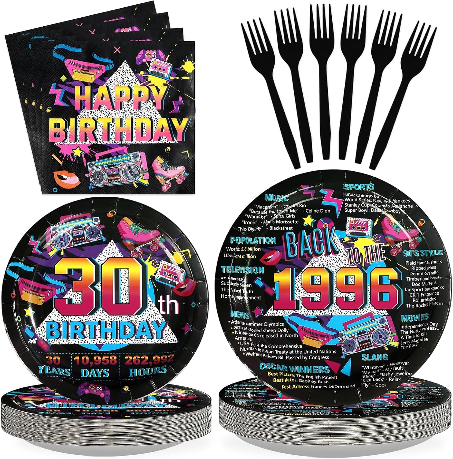 Vintage 30th birthday back to 1996 plates and napkins set 96 pieces