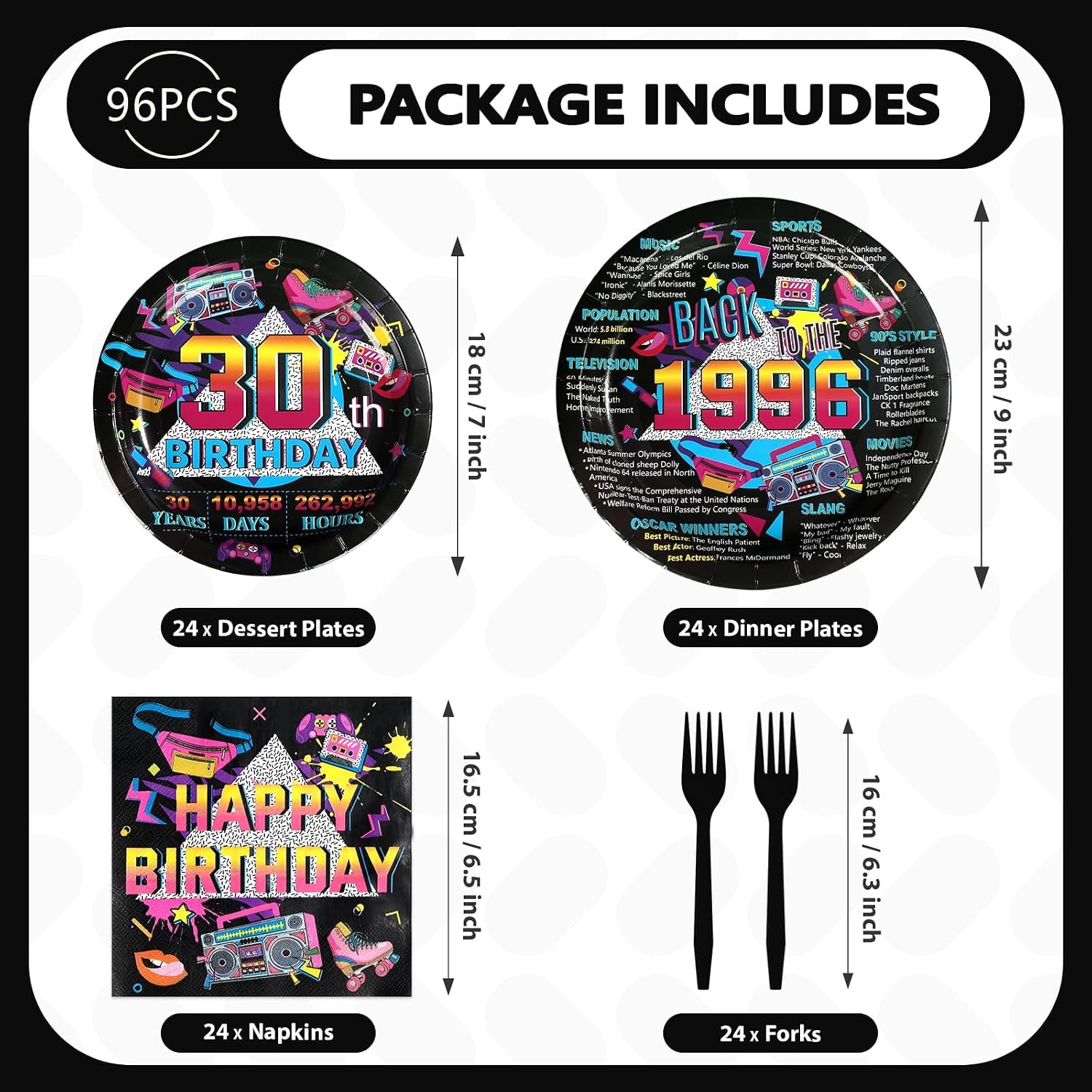 Vintage 30th birthday back to 1996 plates and napkins set 96 pieces