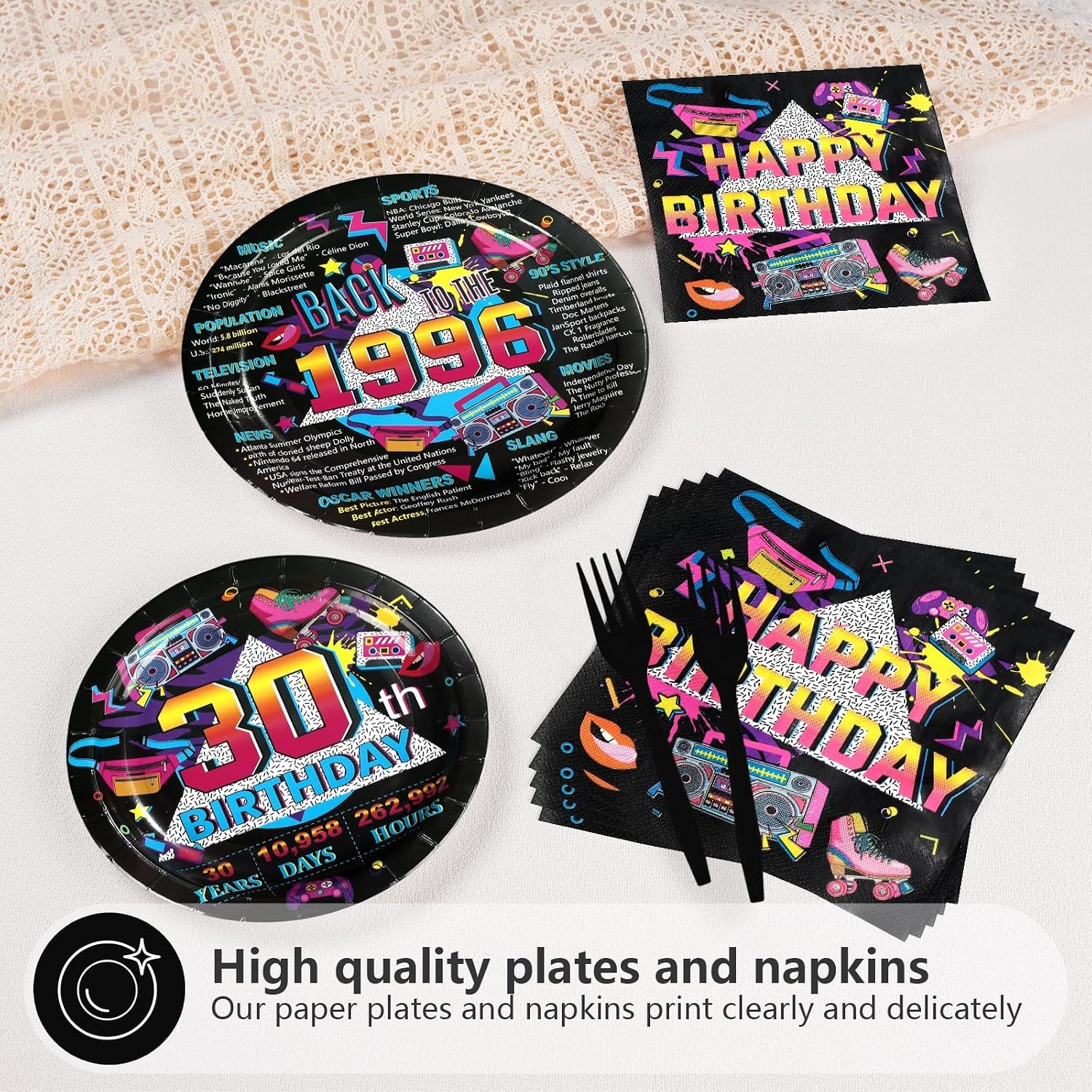 Vintage 30th birthday back to 1996 plates and napkins set 96 pieces